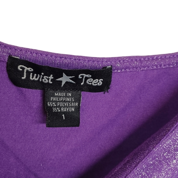 TWIST TEES Purple Shimmer Glitter Boat Neck Asymmetrical Hem Top 1 (1X) - Picture 5 of 7